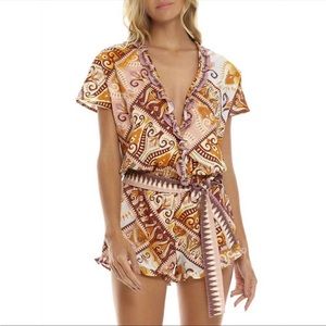 Agua Bendita Pink and Brown Printed Ruffle Romper